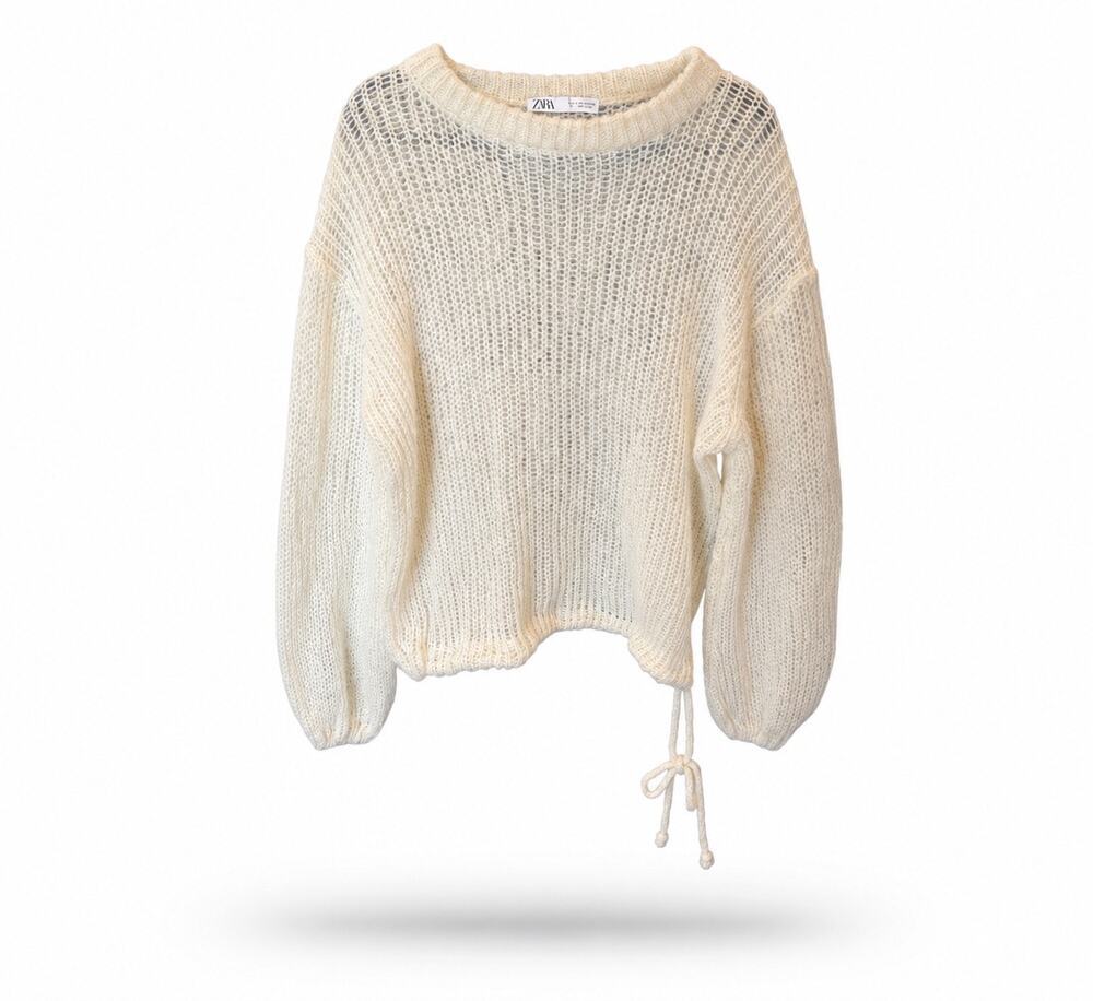 Zara Womenโs Size Small Cream Open Knit Sweater Balloon Sleeve Side Tie Boho